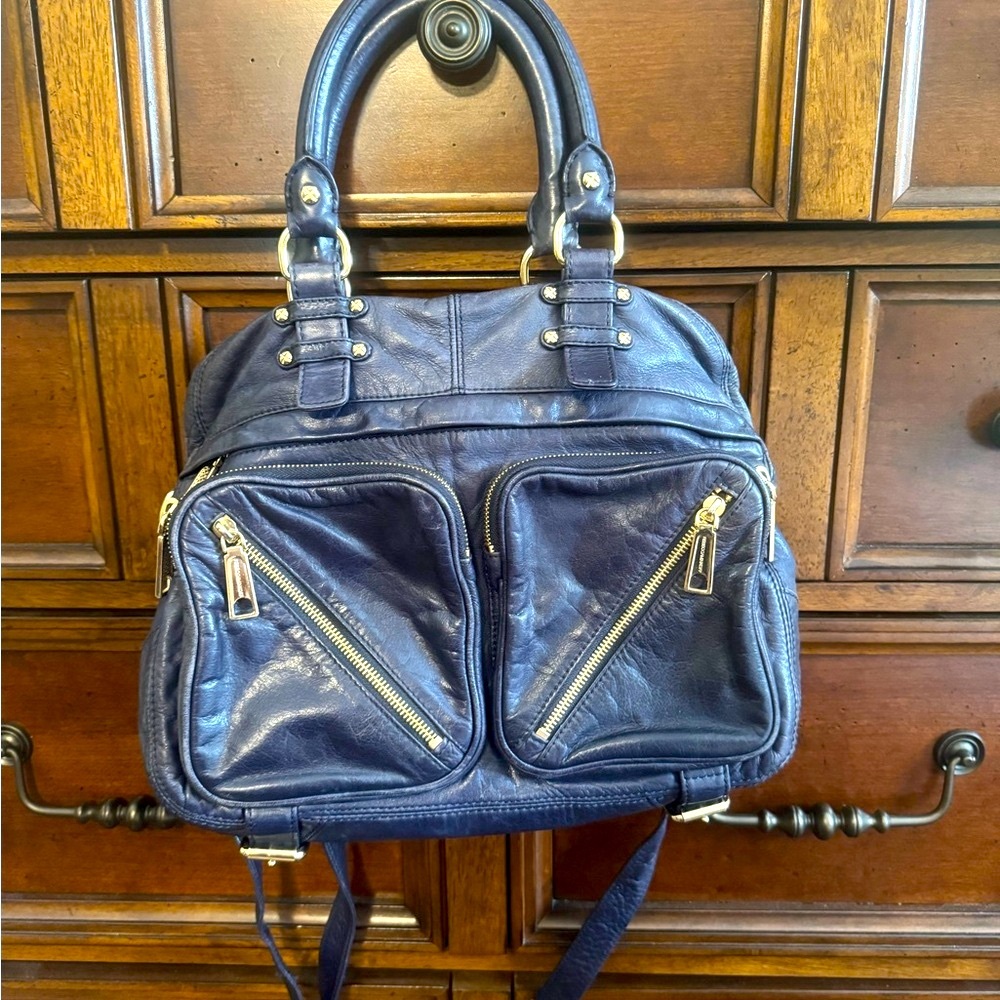 Rebecca Minkoff Midnight Blue Leather Satchel with Gold Zippers